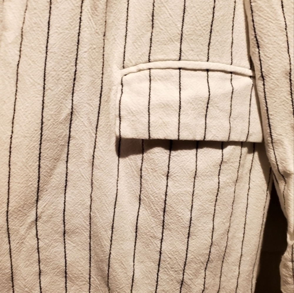Stelen White Cotton Linen Open Blazer Jacket Roll Tab Sleeves Pinstripe Large - Picture 7 of 9